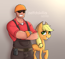 Size: 3200x2900 | Tagged: safe, artist:zeffdakilla, applejack, earth pony, human, pony, g4, belt, clothes, crossed arms, crossover, duo, engineer, engineer (tf2), goggles, hat, helmet, high res, looking at each other, looking at someone, overalls, raised hoof, smiling, smiling at each other, standing, team fortress 2