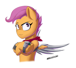 Size: 2883x2610 | Tagged: safe, artist:begoliah, scootaloo, pegasus, pony, semi-anthro, comic:crusaders, g4, amputee, arm hooves, artificial wings, augmented, female, high res, prosthetic limb, prosthetic wing, prosthetics, simple background, solo, transparent background, wings