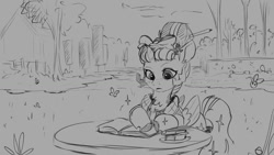 Size: 1024x576 | Tagged: safe, artist:hierozaki, twilight sparkle, alicorn, butterfly, pony, g4, alternate hairstyle, book, female, mare, outdoors, pencil behind ear, reading, sketch, solo, table, twilight sparkle (alicorn)