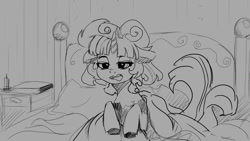 Size: 1024x576 | Tagged: safe, artist:hierozaki, twilight sparkle, pony, unicorn, g4, bed, bedroom, female, in bed, mare, monochrome, sketch, solo, waking up