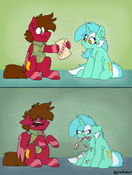 Size: 3000x4000 | Tagged: safe, artist:grandfinaleart, lyra heartstrings, oc, oc:grand finale, pegasus, pony, unicorn, g4, brown eyes, brown hair, brown mane, brown tail, chest fluff, chin fluff, digital art, duo, duo male and female, facial hair, female, folded wings, goatee, horn, l.u.l.s., male, mare, orange eyes, pegasus oc, red fur, simple background, sitting, smiling, stallion, stallion oc, tail, unshorn fetlocks, wings