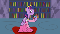 Size: 1920x1080 | Tagged: safe, artist:platinumdrop, twilight sparkle, alicorn, pony, g4, book, clothes, costume, dress, happy, reading, request, sleeping beauty, solo, twilight sparkle (alicorn)