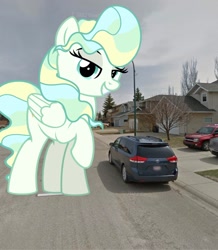 Size: 1787x2048 | Tagged: safe, artist:jhayarr23, edit, vapor trail, pegasus, pony, g4, building, canada, car, city, female, giant pony, giantess, highrise ponies, house, irl, macro, mare, overcast, photo, ponies in real life, tree, van, vector