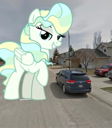 Size: 1787x2048 | Tagged: safe, artist:jhayarr23, edit, vapor trail, pegasus, pony, g4, building, canada, car, city, female, giant pony, giantess, highrise ponies, house, irl, macro, mare, overcast, photo, ponies in real life, solo, tree, van, vector