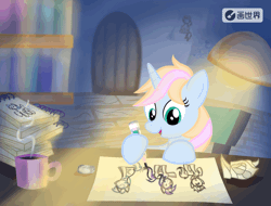 Size: 1080x822 | Tagged: safe, artist:lydia, oc, oc:windy／painting heart, pony, unicorn, animated, bedroom, blinking, blue body, book, chair, cup, desk, door, drawing, lamp, light, looking down, night, open mouth, paper, pencil, rubber, show accurate, smiling, solo, table, wooden floor