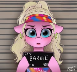 Size: 2048x1926 | Tagged: safe, artist:petaltwinkle, earth pony, pony, barbie, barbie (film), barbie mugshot meme, ear piercing, earring, female, floppy ears, jewelry, looking at you, mare, meme, mugshot, piercing, ponified, ponified meme, signature, solo, text, visor cap
