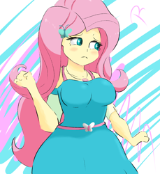 Size: 1080x1180 | Tagged: safe, artist:reinbou, fluttershy, human, equestria girls, g4, my little pony equestria girls: better together, big breasts, blushing, breasts, busty fluttershy, butterfly hairpin, female, fluttershy boho dress, geode of fauna, magical geodes, simple background, sketch, solo