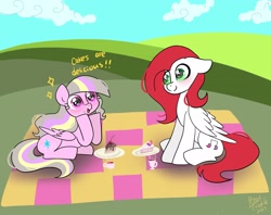 Size: 2048x1620 | Tagged: safe, artist:petaltwinkle, oc, oc only, oc:petal twinkle, pegasus, pony, blushing, cake, cake slice, cute, dialogue, duo, female, floppy ears, food, mare, picnic, picnic blanket