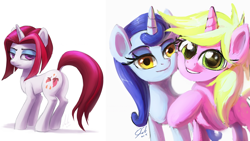 Size: 1646x928 | Tagged: safe, artist:grissaecrim, cayenne, moonlight raven, sunshine smiles, pony, unicorn, canterlot boutique, g4, butt, female, mare, pepperbutt, plot, siblings, simple background, sisters, squishy cheeks, trio, trio female, white background
