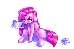 Size: 3600x2400 | Tagged: safe, artist:mannybcadavera, pinkie pie, earth pony, pony, g4, cleaver, female, floppy ears, high res, knife, looking offscreen, mare, mouth hold, narrowed eyes, pinkamena diane pie, simple background, sitting, solo, white background