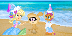 Size: 6912x3456 | Tagged: safe, applejack, smolder, dragon, ghost, human, undead, equestria girls, g4, 1000 years in photoshop, beach, beautiful, clothes, cute, dragoness, dress, ear piercing, female, froufrou glittery lacy outfit, gloves, gown, happy, hat, hennin, jackabetes, jewelry, long gloves, molly mcgee, necklace, piercing, pretty, princess, princess applejack, princess smolder, smiling, smolderbetes, spoilers for another series, the ghost and molly mcgee, trio, trio female