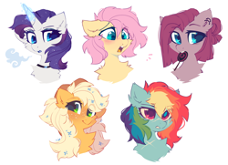 Size: 2070x1500 | Tagged: safe, artist:mirtash, applejack, fluttershy, pinkie pie, rainbow dash, rarity, earth pony, pegasus, pony, unicorn, g4, alternate hairstyle, alternate universe, blushing, candy, chest fluff, choker, ear fluff, ear piercing, earring, eye scar, eyeshadow, facial scar, female, food, freckles, group, jewelry, lipstick, lollipop, makeup, mare, open mouth, piercing, quintet, scar, simple background, white background