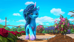 Size: 520x293 | Tagged: safe, screencap, misty brightdawn, zipp storm, pegasus, pony, unicorn, g5, hoof done it?, my little pony: make your mark, my little pony: make your mark chapter 2, spoiler:my little pony: make your mark, spoiler:my little pony: make your mark chapter 2, spoiler:mymc02e07, animated, breathing, cartoon physics, detective zipp, duo, duo female, female, flower, flying, garden, gif, hammerspace, hiding, jumping, magnifying glass, mare, panting, rose, shocked, shocked expression, surprised, talking