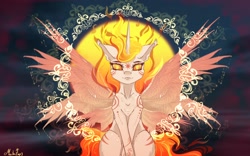 Size: 1920x1200 | Tagged: safe, artist:martazap3, daybreaker, alicorn, pony, g4, corrupted celestia, female, fire, horn, mare, multiple wings, royalty, smiling, solo, spread wings, sun, sunset, wings