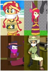 Size: 2927x4298 | Tagged: safe, artist:robukun, apple bloom, chestnut magnifico, daring do, rarity, sunset shimmer, human, equestria girls, g4, bondage, bound and gagged, cloth gag, clothes, damsel in distress, detective rarity, dress, gag, gown, hat, hennin, kidnapped, pole tied, princess, princess apple bloom, rope, rope bondage, struggling, tied to chair, tied up
