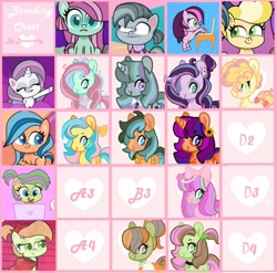 Size: 3271x3231 | Tagged: safe, artist:pegalsus, artist:vernorexia, lilith, minty (g4), octavio pie, orange zest, pineapple salsa, potion nova, salty lime, toola roola, oc, earth pony, pony, unicorn, dear tabby, g4, g4.5, my little pony: pony life, pie vs. pie, sportacular spectacular musical musak-ular, superb six, the great cowgirl hat robbery, spoiler:pony life s02e10, adoptable, base used, bow, clothes, grid, hair bow, high res, necktie, scarf, shipping chart