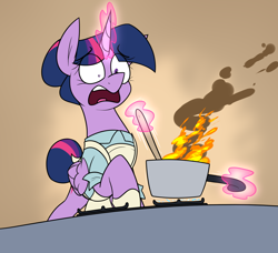 Size: 1710x1557 | Tagged: safe, artist:moonatik, twilight sparkle, alicorn, pony, g4, abstract background, apron, clothes, cooking, female, fire, gloves, glowing, glowing horn, hair bun, horn, magic, magic aura, mare, pinpoint eyes, pot, raised hoof, scared, shirt, smoke, solo, spoon, tail, tail bun, telekinesis, twilight sparkle (alicorn)