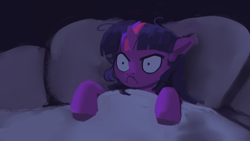Size: 1920x1080 | Tagged: safe, artist:hierozaki, twilight sparkle, pony, unicorn, g4, :c, >:c, angry, bed, female, frown, lying down, mare, on back, reaction image, relatable, scowl, shrunken pupils, solo