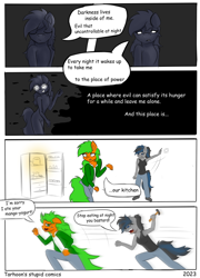 Size: 656x909 | Tagged: safe, oc, oc:azerra, oc:tarhoon sunflare, earth pony, anthro, 4 panel comic, comic, eyes closed, eyes open, female, funny, hammer, mare, open mouth, refrigerator, running, text