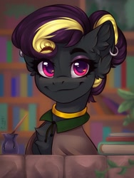 Size: 1200x1600 | Tagged: safe, artist:falafeljake, oc, oc only, oc:note jotter, earth pony, pony, book, bookshelf, bust, chest fluff, clothes, ear fluff, ear piercing, earring, earth pony oc, eyebrows, eyebrows visible through hair, eyeshadow, female, hair bun, inkwell, jewelry, looking at you, makeup, mare, piercing, portrait, robe, smiling, smiling at you