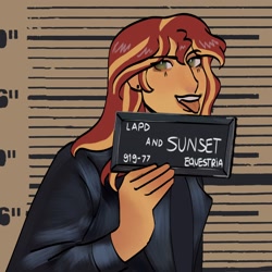 Size: 2098x2098 | Tagged: safe, artist:cardigansandcats, sunset shimmer, human, equestria girls, g4, barbie, barbie (film), barbie mugshot meme, female, high res, meme, mugshot, solo, tongue out