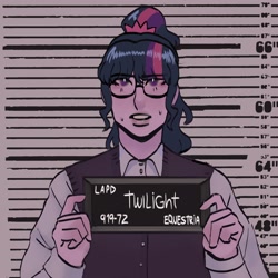 Size: 2098x2098 | Tagged: safe, artist:cardigansandcats, sci-twi, twilight sparkle, human, equestria girls, g4, barbie, barbie (film), barbie mugshot meme, female, high res, meme, mugshot, solo