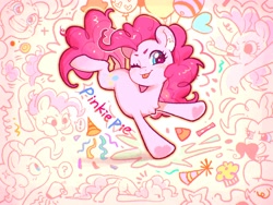 Size: 2160x1620 | Tagged: dead source, safe, artist:千雲九枭, part of a set, pinkie pie, earth pony, pony, g4, ;p, cute, diapinkes, female, looking at you, mare, name, one eye closed, smiling, smiling at you, solo, tongue out, wink, winking at you