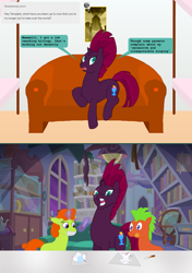 Size: 1075x1525 | Tagged: safe, artist:hakar-kerarmor, tempest shadow, earth pony, mouse, pony, unicorn, ask four inept guardponies, g4, bookshelf, couch, female, globe, male, mare, metropolis, open up your *very* eyes, scalpel, scroll, singing, stallion, starlight's office, window