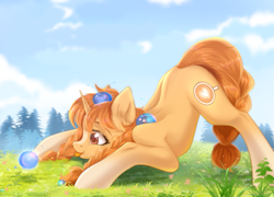 Size: 2487x1794 | Tagged: safe, artist:kawipie, oc, oc only, oc:morning latte, pony, unicorn, :p, blaze (coat marking), braid, braided pigtails, braided tail, coat markings, cute, detailed background, facial markings, female, mare, nature, pigtails, socks (coat markings), solo, tail, tongue out