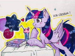 Size: 3865x2898 | Tagged: safe, artist:泽虹sunbow, twilight sparkle, alicorn, pony, g4, book, cute, ear fluff, food, heart, high res, ice cream, simple background, solo, tongue out, twiabetes, twilight sparkle (alicorn), white background