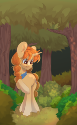 Size: 1338x2160 | Tagged: safe, artist:lissa__bee, oc, oc only, oc:morning latte, pony, unicorn, big ears, blaze (coat marking), clothes, coat markings, detailed background, facial markings, female, forest, mare, nature, outdoors, raised hoof, scarf, smiling, socks (coat markings), solo, tree