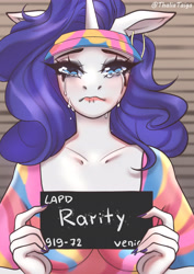 Size: 4341x6132 | Tagged: safe, artist:thaliati, rarity, unicorn, anthro, g4, barbie, barbie (film), barbie mugshot meme, blushing, crying, female, lipstick, makeup, mare, meme, mugshot, piercing, running makeup, simple background, solo