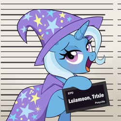 Size: 2500x2500 | Tagged: safe, artist:darkynez, trixie, pony, unicorn, g4, barbie, barbie (film), barbie mugshot meme, cape, clothes, female, hat, high res, horn, lidded eyes, looking at you, mare, meme, mugshot, open mouth, open smile, smiling, smiling at you, solo, trixie's cape, trixie's hat