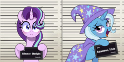 Size: 4000x1995 | Tagged: safe, artist:darkynez, starlight glimmer, trixie, pony, unicorn, g4, :<, barbie, barbie (film), barbie mugshot meme, dishevelled, duo, duo female, female, frown, high res, horn, lidded eyes, looking at you, mare, meme, mugshot, open mouth, open smile, smiling, wide eyes