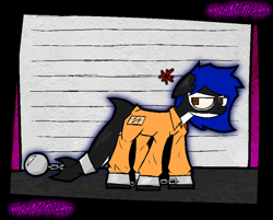 Size: 1944x1560 | Tagged: safe, artist:xxv4mp_g4z3rxx, oc, oc only, hybrid, orca, orca pony, original species, pony, ball and chain, clothes, hybrid oc, male, never doubt rainbowdash69's involvement, prison outfit, signature, solo