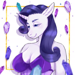 Size: 1920x1920 | Tagged: safe, artist:mushroom_ept, rarity, unicorn, anthro, g4, blue eyes, breasts, busty rarity, cleavage, clothes, crystal, curly hair, ears, eyebrows, eyelashes, female, horn, lidded eyes, nostrils, shoulderless, smiling, snout, solo, unicorn horn