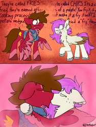 Size: 3000x4000 | Tagged: safe, artist:grandfinaleart, oc, oc only, oc:grand finale, oc:molars, pegasus, pony, argument, brown eyes, brown hair, brown mane, brown tail, chest fluff, chin fluff, clothes, digital art, duo, duo male and female, facial hair, female, folded wings, freckles, goatee, hawaiian shirt, kiss on the lips, kissing, male, mare, mare oc, pegasus oc, pink hair, pink mane, pink tail, red fur, shirt, simple background, spread wings, stallion, stallion oc, straight, tail, unshorn fetlocks, wings, yelling, yellow eyes