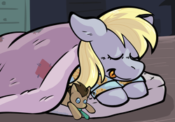 Size: 3000x2100 | Tagged: safe, artist:k8ryoshka, derpy hooves, doctor whooves, time turner, pegasus, pony, g4, :p, bed, bedroom, blanket, clothes, digital art, eyes closed, food, high res, implied doctorderpy, implied shipping, implied straight, muffin, necktie, pajamas, plushie, pony plushie, sleeping, solo, tongue out