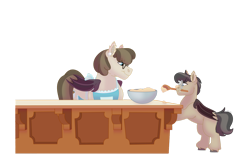 Size: 1280x854 | Tagged: safe, artist:itstechtock, oc, oc:waxing lyrical, bat pony, pony, batter, bowl, colt, duo, female, foal, food, glasses, male, mare, palindrome get, simple background, transparent background