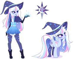 Size: 5124x4091 | Tagged: safe, artist:gihhbloonde, oc, oc only, human, pony, unicorn, boots, cape, clothes, dress, female, gloves, hat, human ponidox, lipstick, looking up, magical lesbian spawn, mare, offspring, parent:trixie, parent:twilight sparkle, parents:twixie, purple eyes, self paradox, self ponidox, shoes, simple background, socks, sparkly hair, sparkly mane, sparkly tail, stockings, tail, thigh highs, transparent background, witch hat