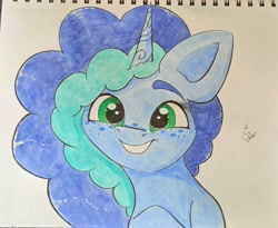 Size: 1996x1640 | Tagged: safe, artist:engi, misty brightdawn, pony, unicorn, g5, cute, female, freckles, mistybetes, photo, simple background, smiling, solo, traditional art, watercolor painting