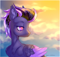 Size: 2500x2400 | Tagged: safe, artist:deadoyster, oc, oc only, oc:shadow galaxy, pegasus, pony, chest fluff, cloud, commission, ear fluff, ethereal mane, high res, sky, solo, starry mane, sunset, wings, ych result