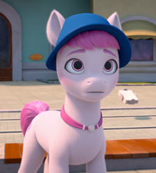 Size: 932x1037 | Tagged: safe, screencap, azalea dolly, earth pony, pony, g5, my little pony: make your mark, my little pony: make your mark chapter 1, spoiler:my little pony: make your mark, cropped, female, hat, mare, maretime bay, outdoors, solo, tail