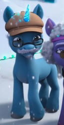 Size: 353x687 | Tagged: safe, screencap, clean cut, pony, unicorn, g5, my little pony: make your mark, my little pony: make your mark chapter 3, winter wishday, spoiler:g5, spoiler:winter wishday, cropped, facial hair, female, glasses, glowing, glowing horn, hat, horn, male, male focus, mare, moustache, offscreen character, snow, snowfall, solo focus, stallion, unnamed character, unnamed pony, unshorn fetlocks