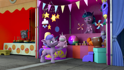 Size: 1920x1080 | Tagged: safe, screencap, aquamarine forsythia, earth pony, pony, unicorn, g5, my little pony: make your mark, my little pony: make your mark chapter 1, spoiler:my little pony: make your mark, beach ball, blocks, caramel apple (food), drums, female, foal, glasses, male, mare, maretime bay, mobile, musical instrument, open mouth, open smile, outdoors, pinwheel (toy), plushie, raised hoof, smiling, stall, tail, toy, trio, unnamed character, unnamed pony, unshorn fetlocks