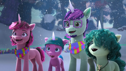 Size: 1920x1080 | Tagged: safe, screencap, azalea fields, ferris, strawberry spark, vidalia fields, pony, unicorn, g5, my little pony: make your mark, my little pony: make your mark chapter 3, winter wishday, spoiler:g5, spoiler:winter wishday, beard, bridlewood, clothes, facial hair, female, foal, glasses, group, hair over one eye, happy, hat, horn, male, mare, open mouth, open smile, outdoors, quartet, scarf, smiling, snow, snowfall, stallion, tail, taped glasses, winter hat