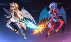 Size: 3700x2197 | Tagged: safe, artist:airiniblock, oc, oc only, oc:stormy, oc:vivid tone, alicorn, pegasus, anthro, rcf community, anthro oc, armor, clothes, dress, duo, ear fluff, female, high res, night, stars, sword, tail, weapon, wings