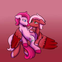 Size: 2000x2000 | Tagged: safe, artist:whimsicalseraph, oc, oc only, oc:raspberry sorbet, oc:strawberry syrup, pegasus, pony, duo, duo female, female, floppy ears, freckles, gradient background, high res, incest, lesbian, pregnant, siblings, twincest, twins, unshorn fetlocks, wings