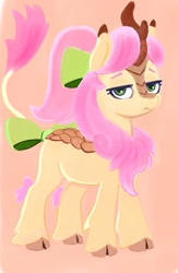 Size: 652x1000 | Tagged: safe, artist:ponsce, posey bloom, kirin, g5, bow, cloven hooves, female, frown, hair bow, kirin-ified, looking at you, posey bloom is not amused, posey can't catch a break, simple background, solo, species swap, tail, tail bow, this will end in nirik, unamused