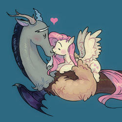 Size: 648x648 | Tagged: safe, artist:burgeredagent, discord, fluttershy, draconequus, pegasus, pony, g4, blue background, blushing, duo, female, heart, kiss on the lips, kissing, male, ship:discoshy, shipping, simple background, spread wings, straight, wings